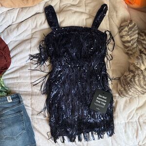 Lulus Fringe Fashion Navy Sequin Fringe Bodycon Mini Dress